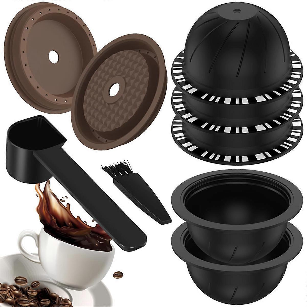 5Pcs Reusable Vertuo Coffee Pods with 2 Silicone Lids Spoon and Cleaning Brush