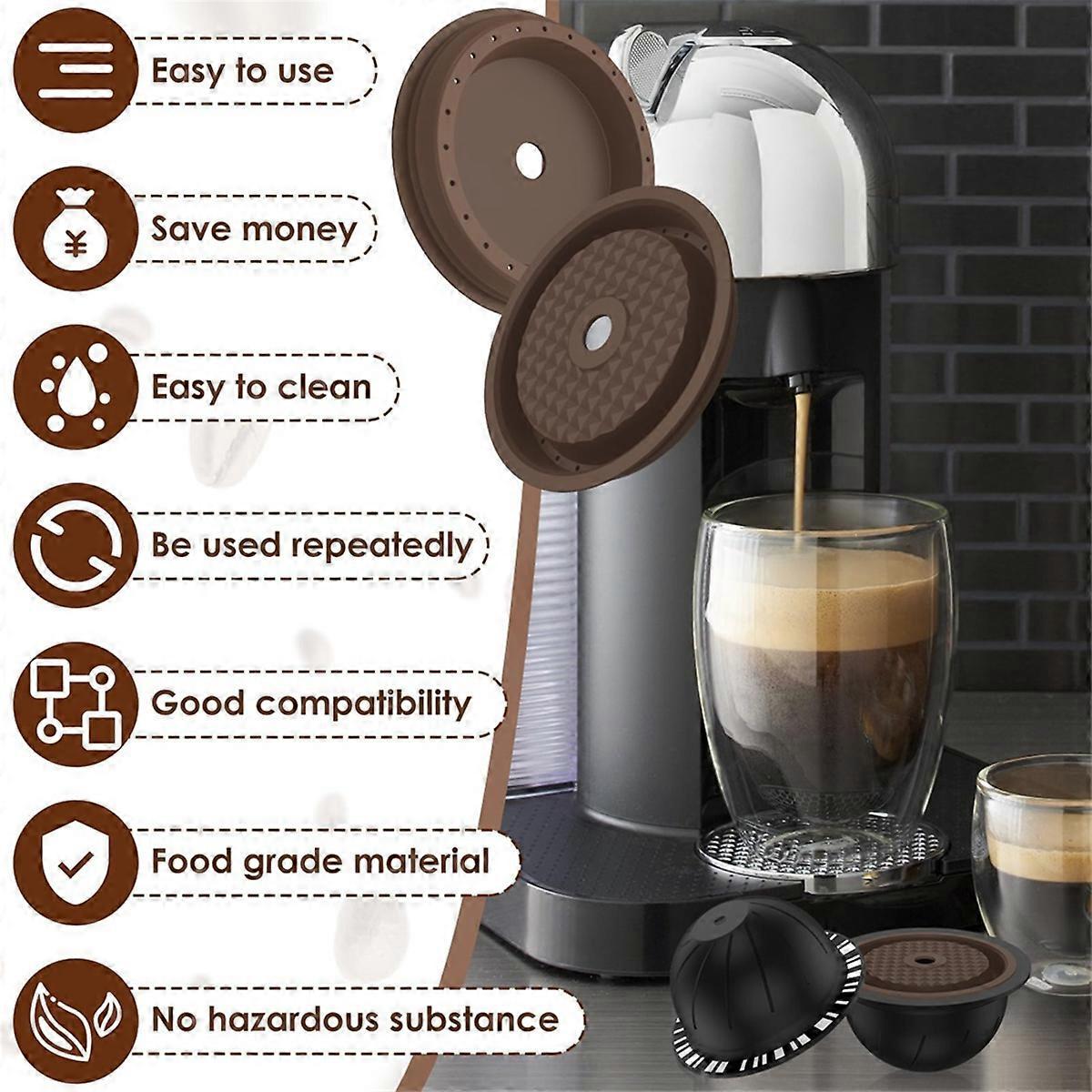 5Pcs Reusable Vertuo Coffee Pods with 2 Silicone Lids Spoon and Cleaning Brush