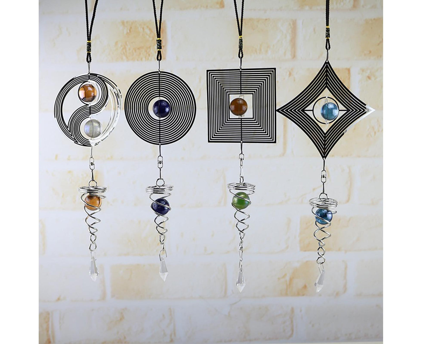 Square Rhombus Rotating Metal Spiral Tail Ball Wind Chime Pendant Home Decor- A
