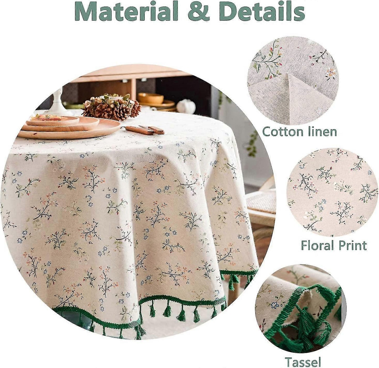150cm Floral Printed Cotton Linen Round Tablecloth, Washable Fringed Round Table Cloth, Small Round Stain Proof Tablecloth Decorate Used For Dining Table