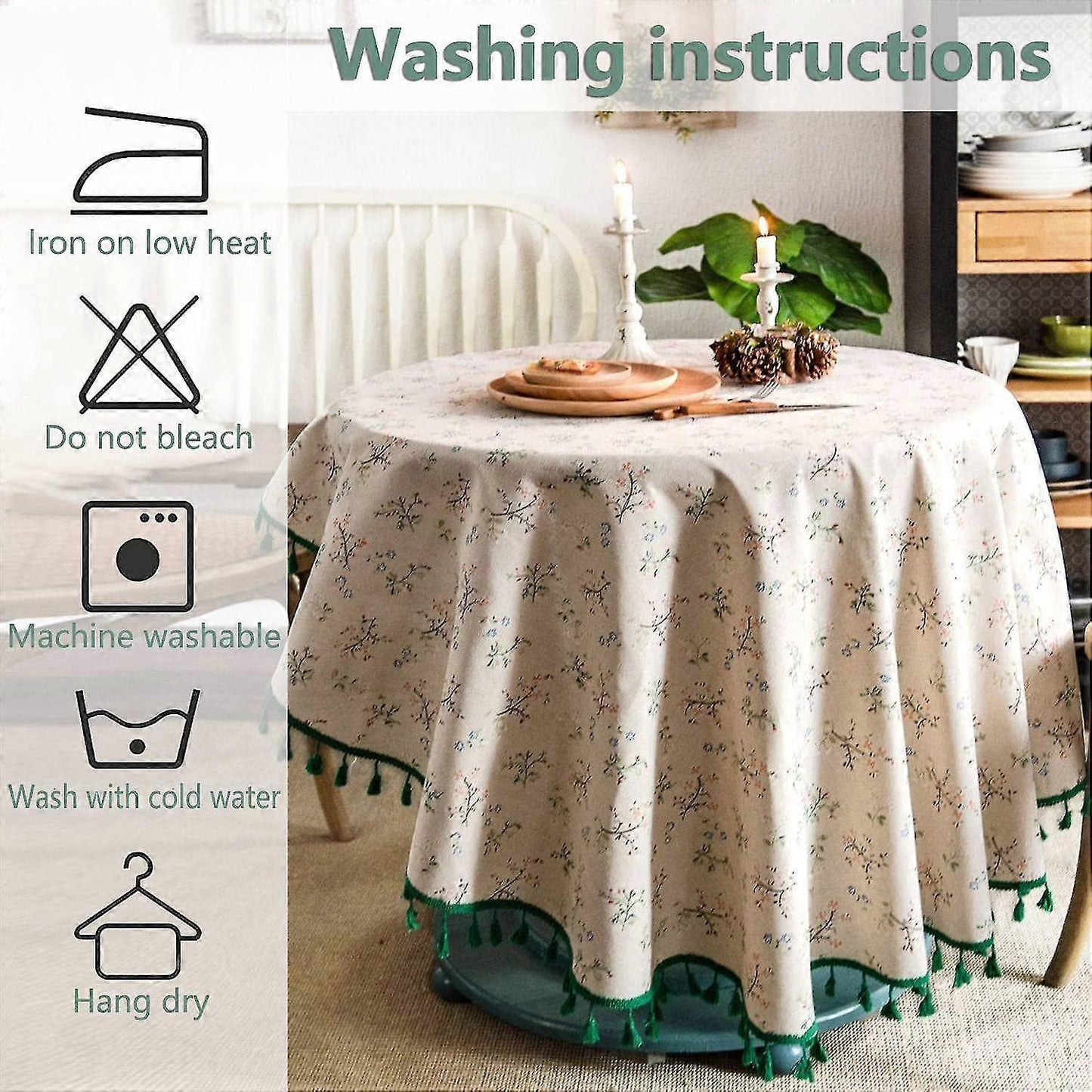 150cm Floral Printed Cotton Linen Round Tablecloth, Washable Fringed Round Table Cloth, Small Round Stain Proof Tablecloth Decorate Used For Dining Table