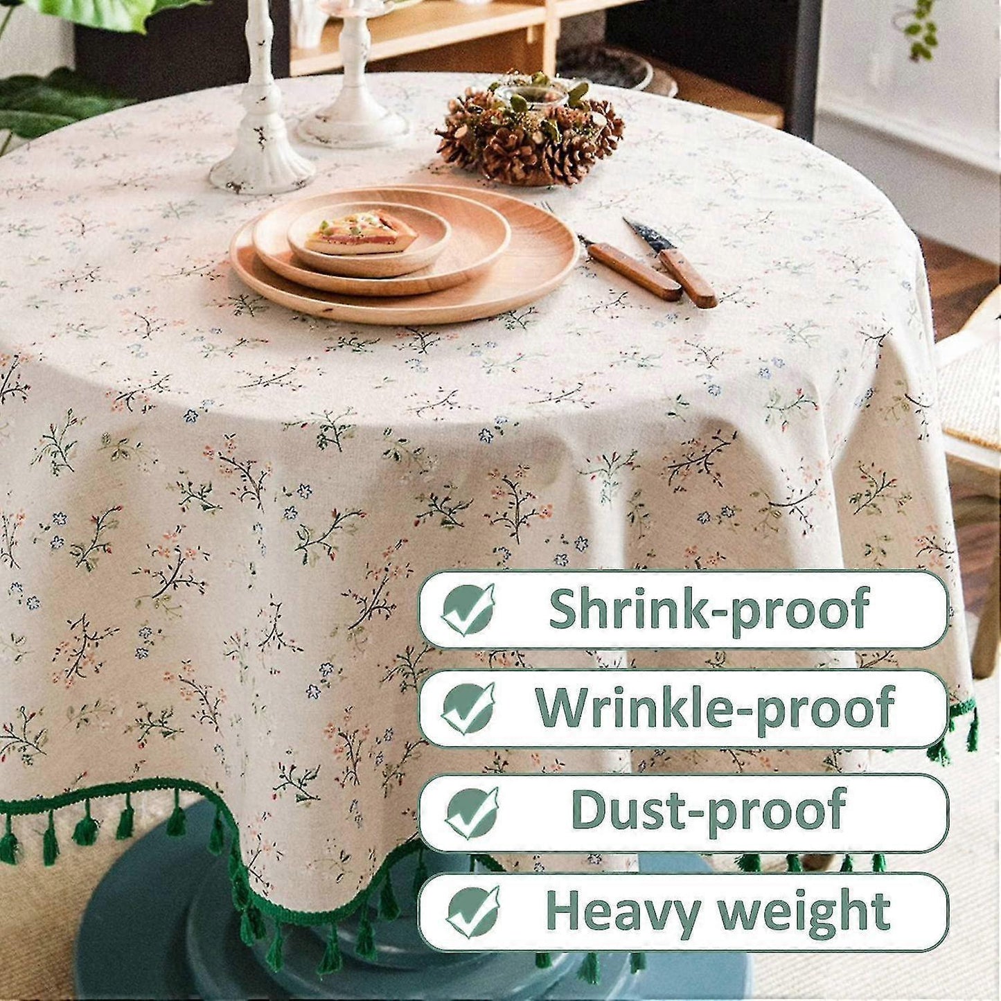 150cm Floral Printed Cotton Linen Round Tablecloth, Washable Fringed Round Table Cloth, Small Round Stain Proof Tablecloth Decorate Used For Dining Table