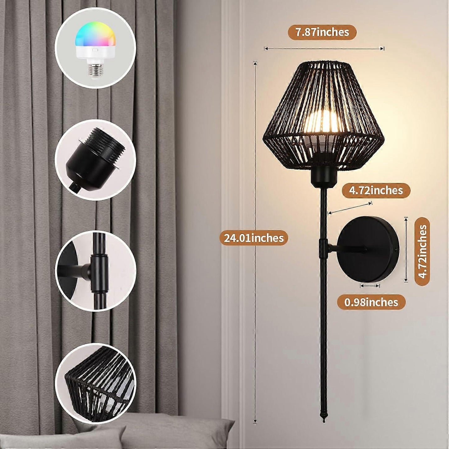 Battery Operated Wall Sconces Set of 2, Boho Rattan LED, Rechargeable, Remote, RGB Dimmable