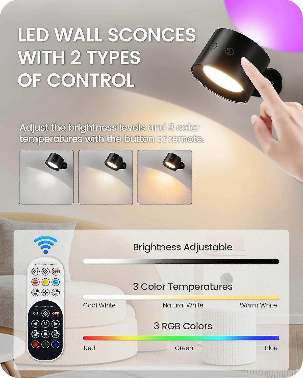 Battery Operated Wall Sconce Set of 2, Rechargeable RGB LED Lights, Remote, Black