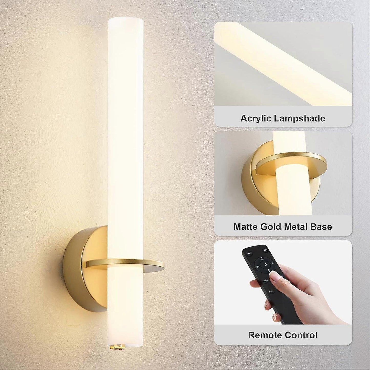 Gold Battery Operated Wall Sconce Set of 2, Rechargeable Wireless LED, Remote, Dimmable 3000K-6000K