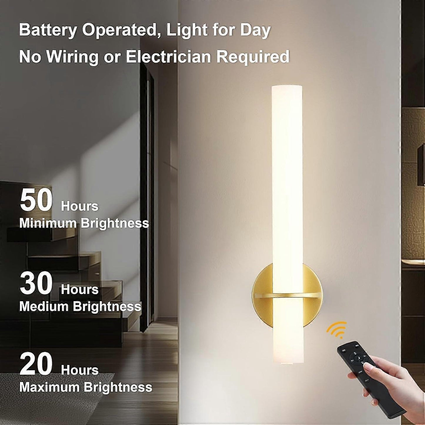 Gold Battery Operated Wall Sconce Set of 2, Rechargeable Wireless LED, Remote, Dimmable 3000K-6000K