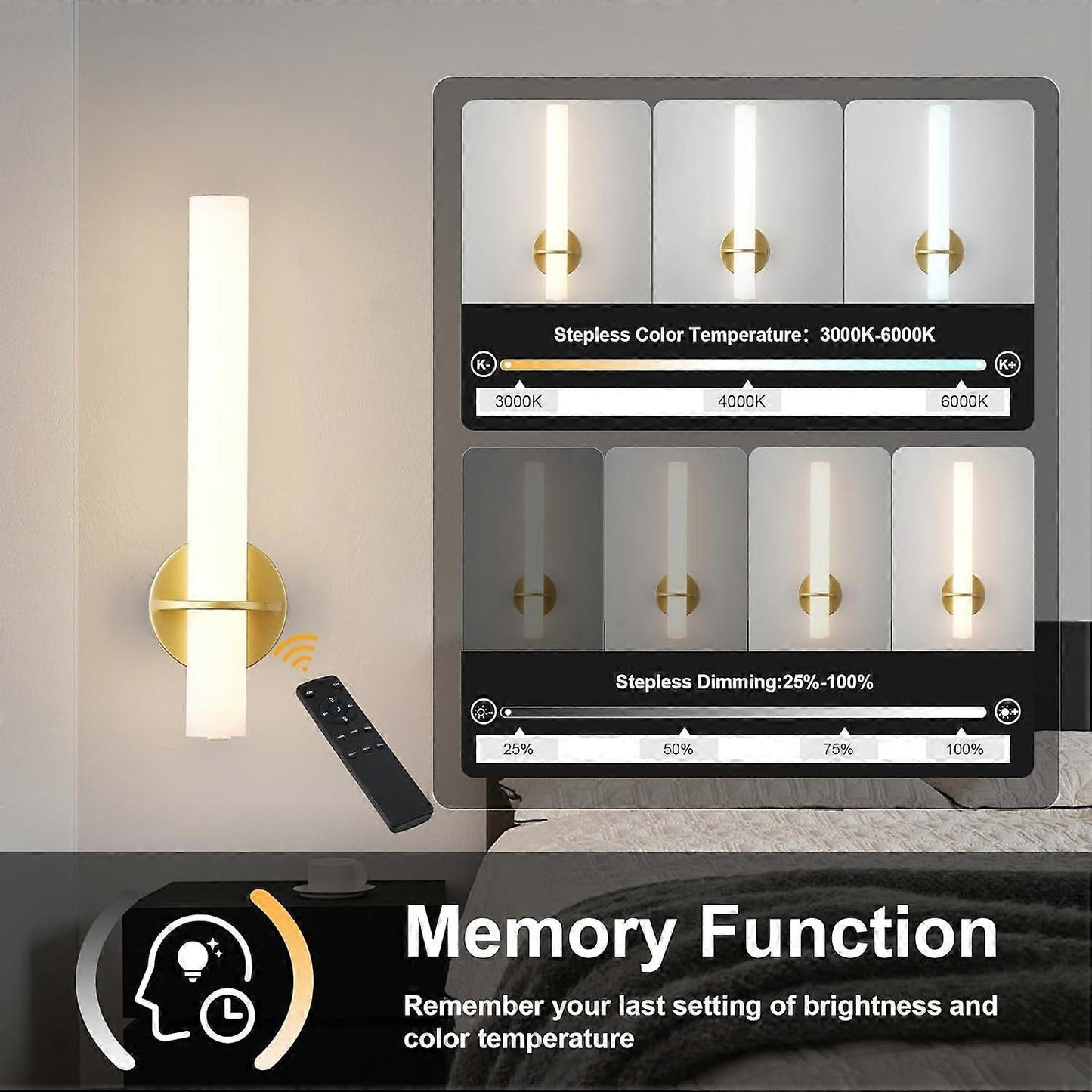 Gold Battery Operated Wall Sconce Set of 2, Rechargeable Wireless LED, Remote, Dimmable 3000K-6000K