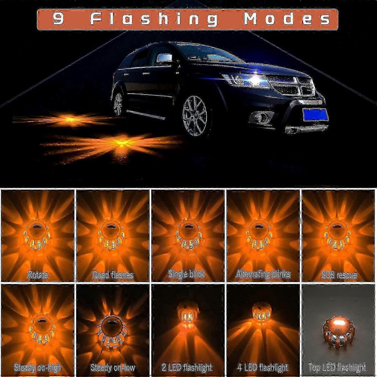Roadside Emergency LED Flare Lights 4 Pack, Flashing Beacon Disc Warning Kit