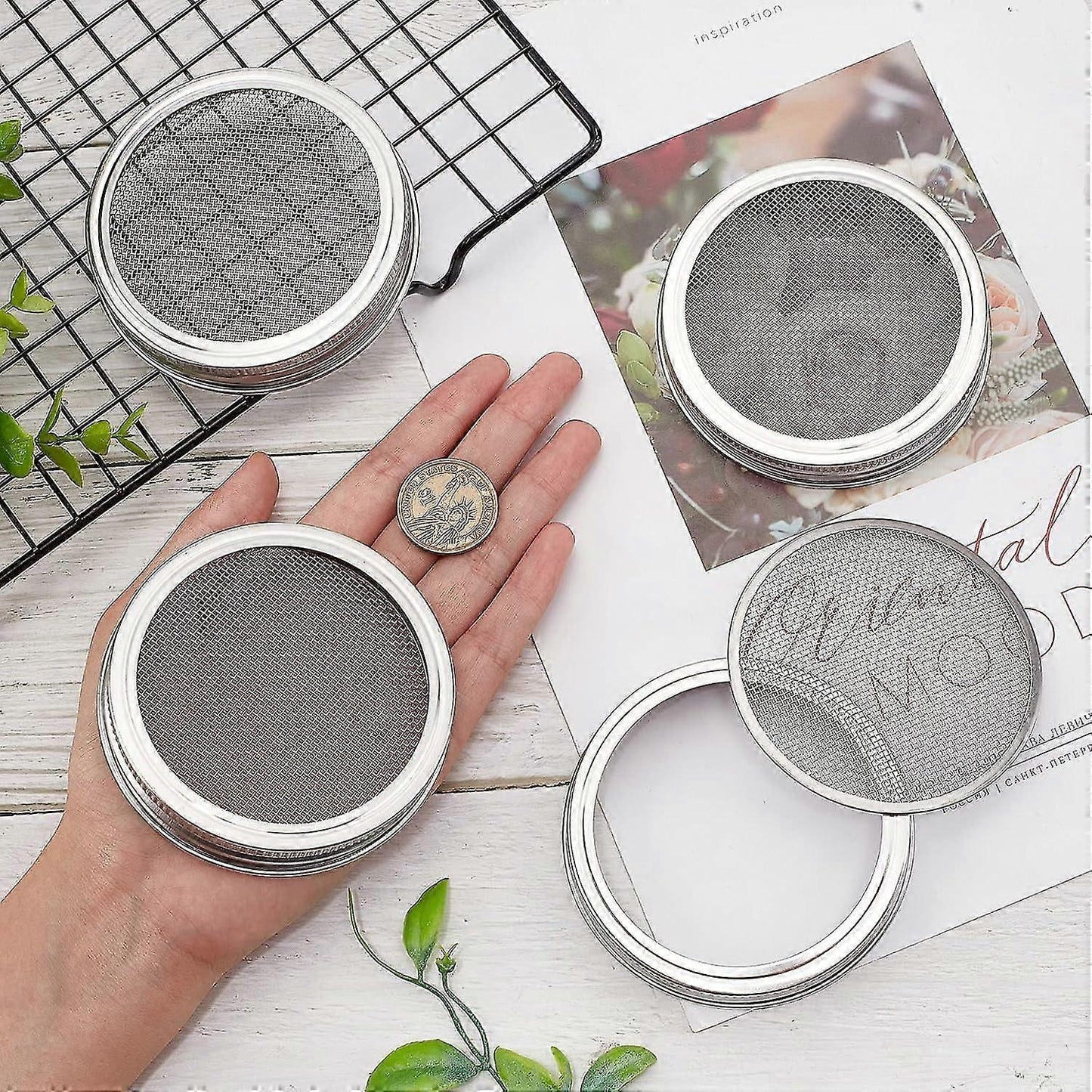 4 Sets 86mm Stainless Steel Sprouting Jar Lids Strainer Kit for Salad Seeds