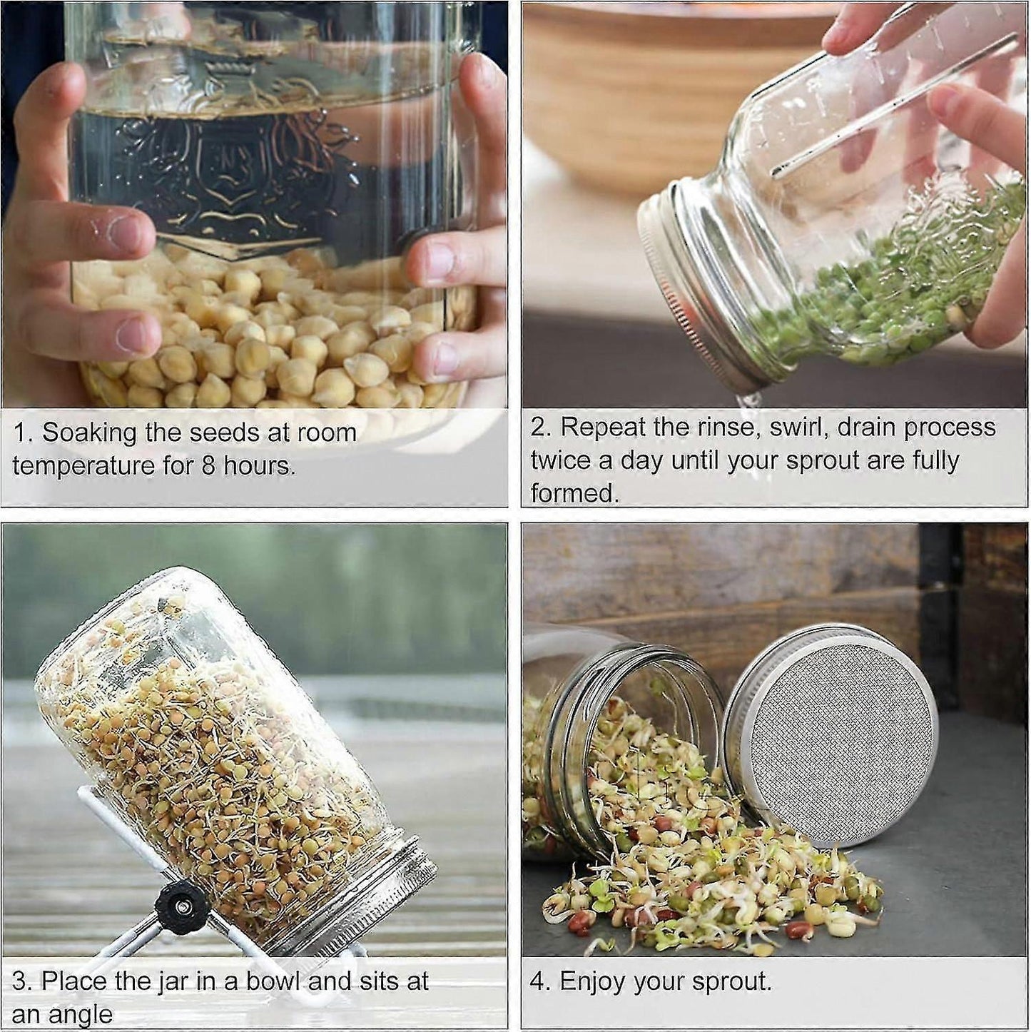 4 Sets 86mm Stainless Steel Sprouting Jar Lids Strainer Kit for Salad Seeds