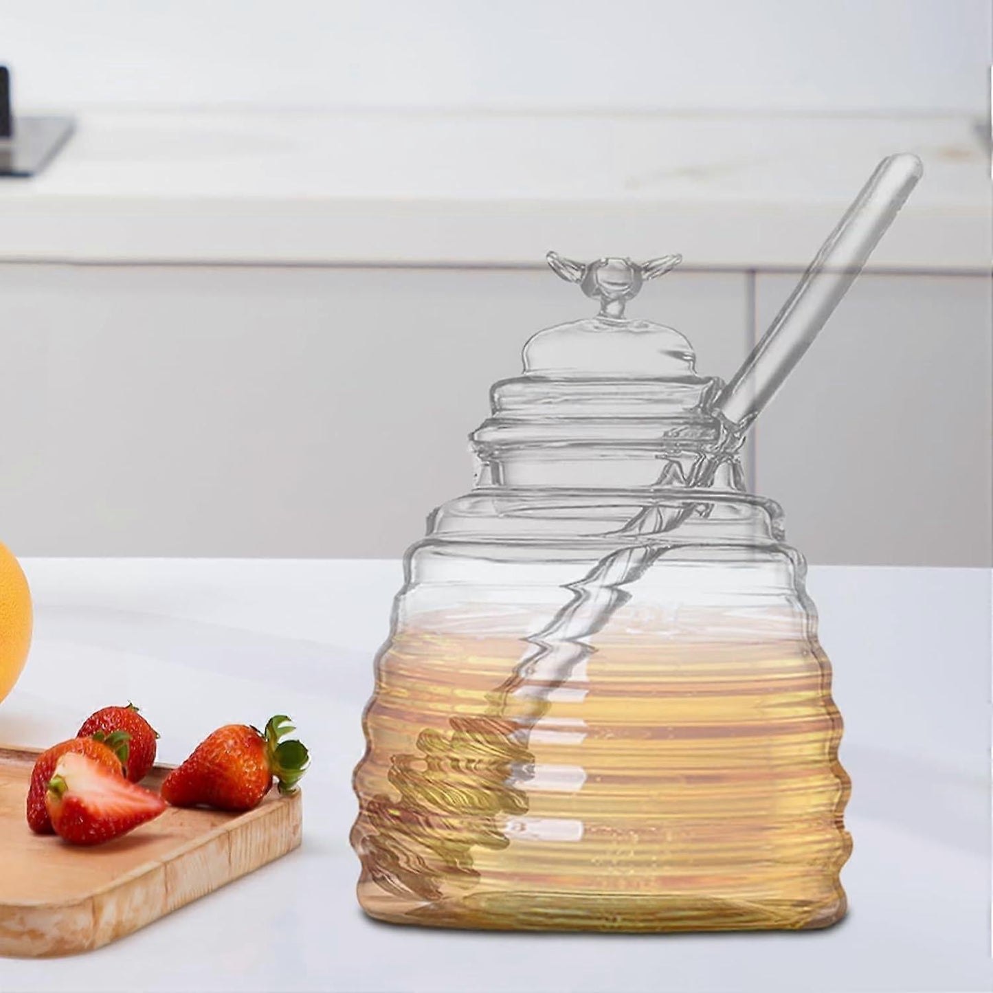 Honey Dispenser with Storage Jar Transparent Container for Syrup & Salad Dressing