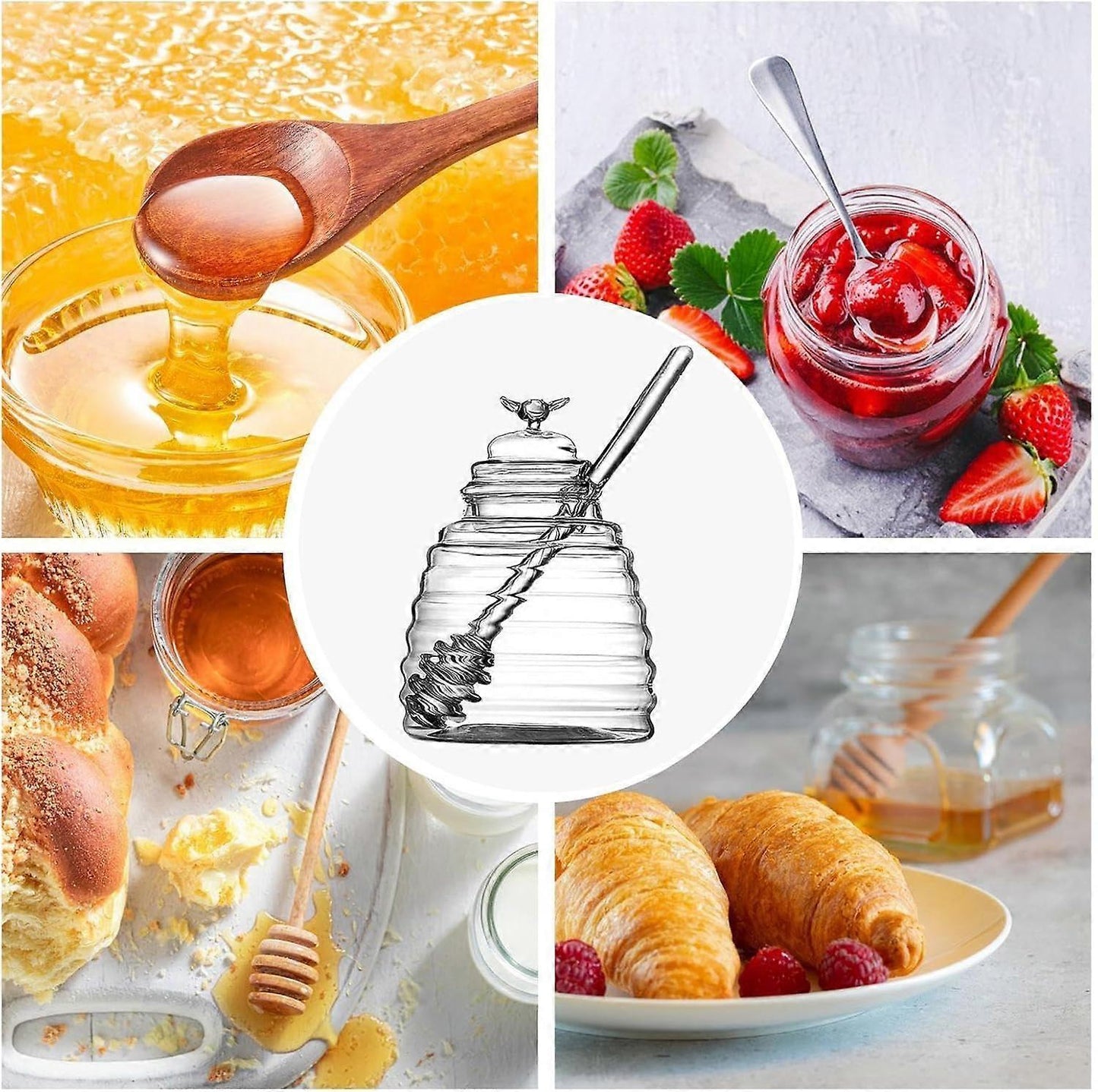 Honey Dispenser with Storage Jar Transparent Container for Syrup & Salad Dressing