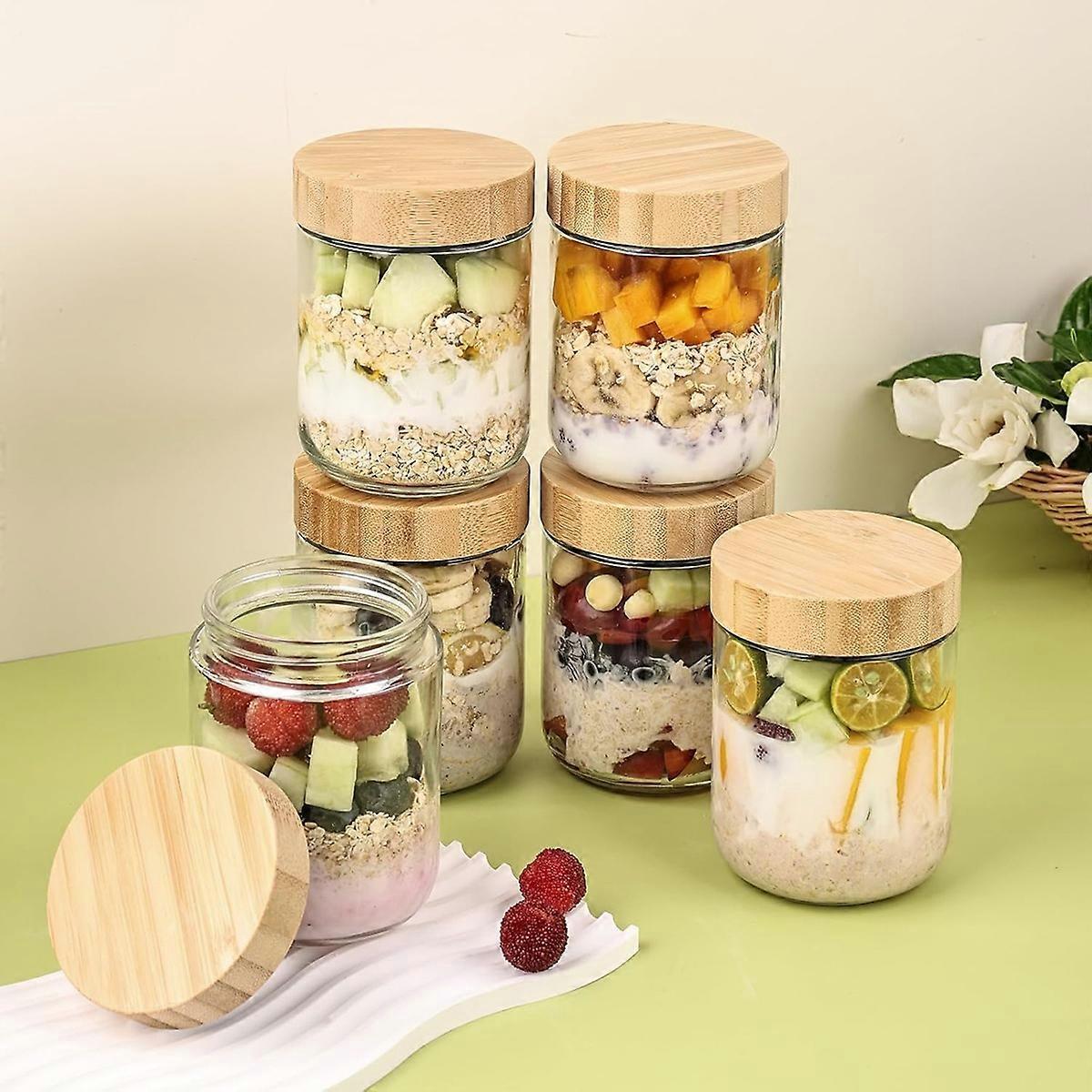 6 Pack 16oz Glass Oats Containers with Bamboo Lids Wide Mouth Salad Jars