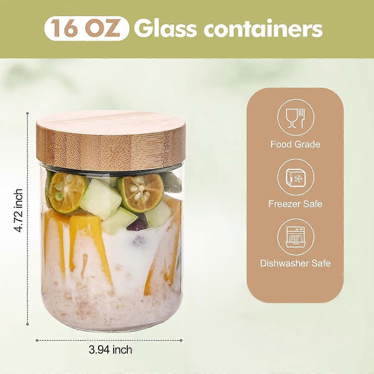 6 Pack 16oz Glass Oats Containers with Bamboo Lids Wide Mouth Salad Jars