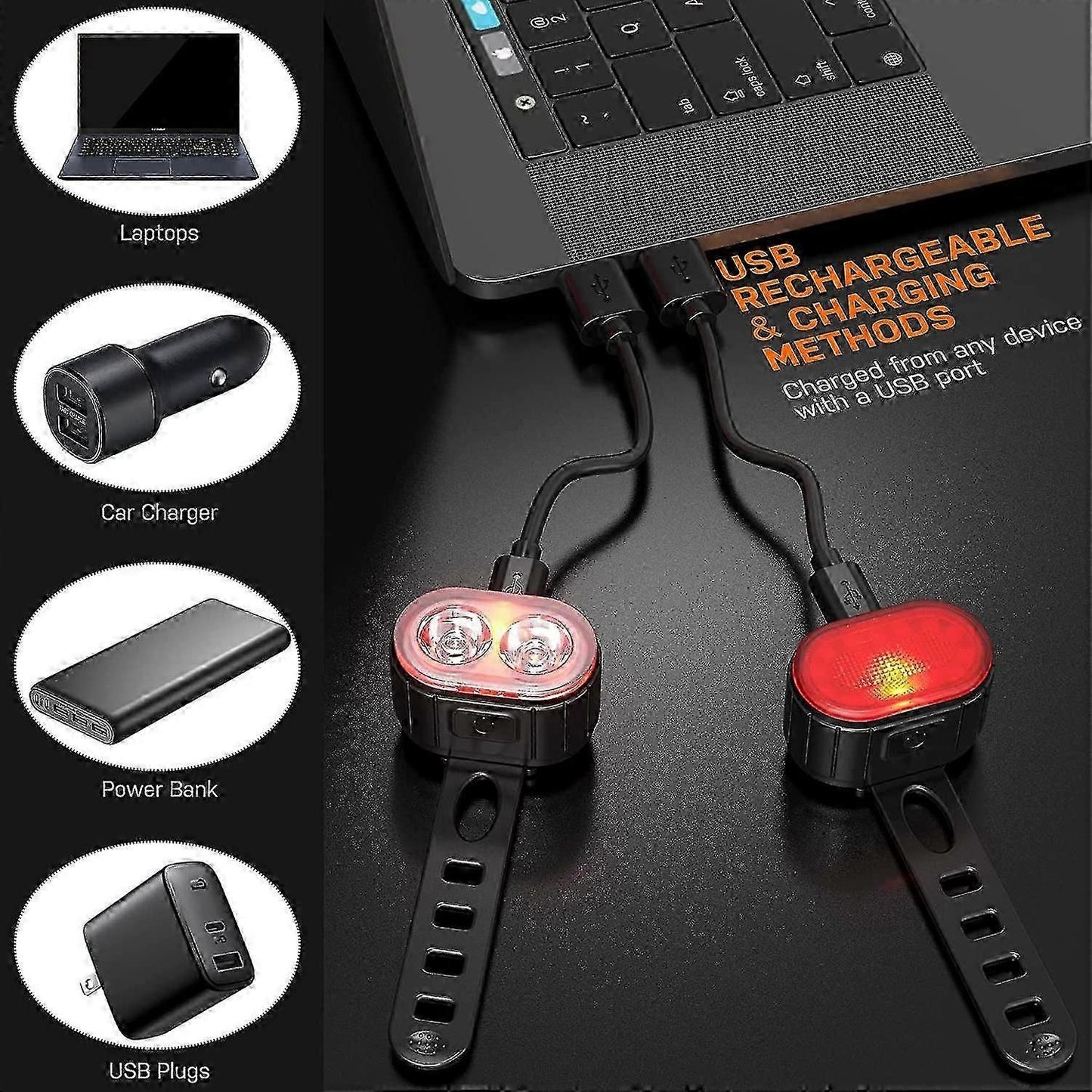 Powerful LED Bike Light Set - IPX5 Waterproof, USB Rechargeable, Front & Rear