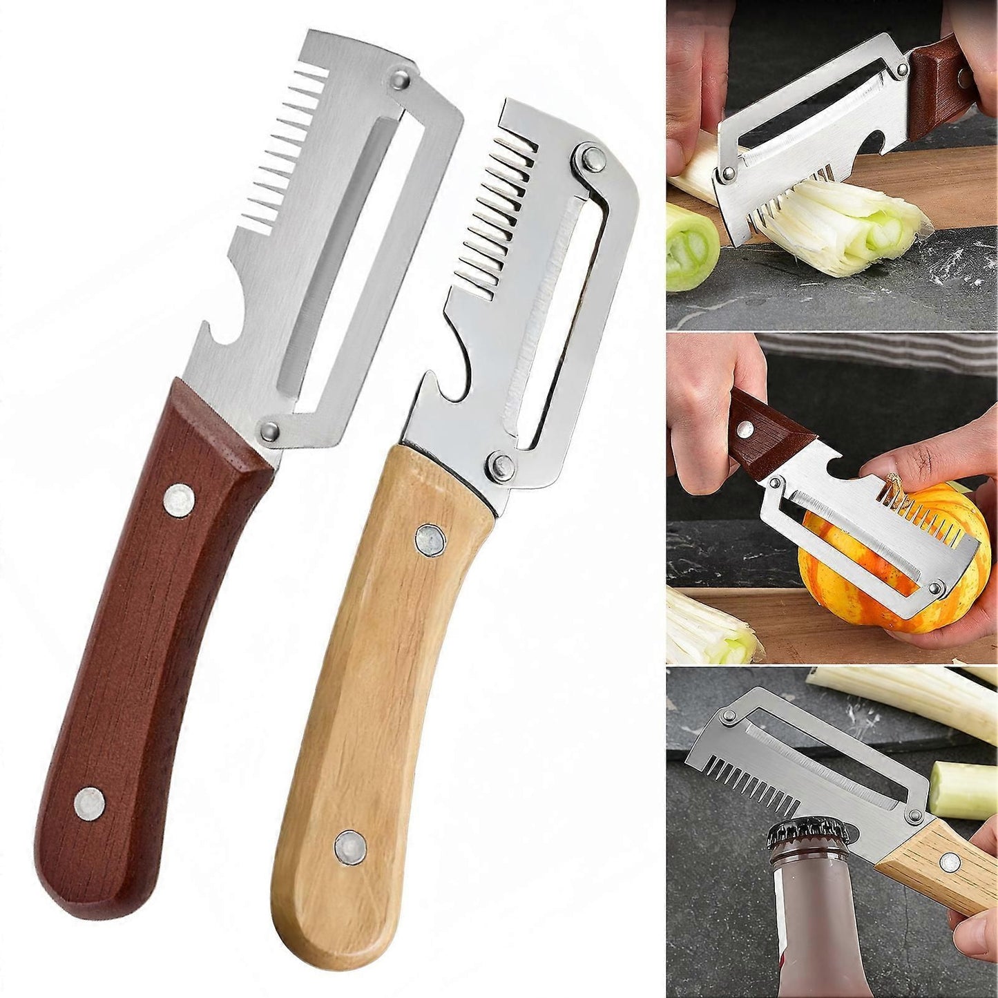 2-in-1 Stainless Steel Vegetable Peeler with Wooden Handle - Fruit/Potato Peeler & Bottle Opener