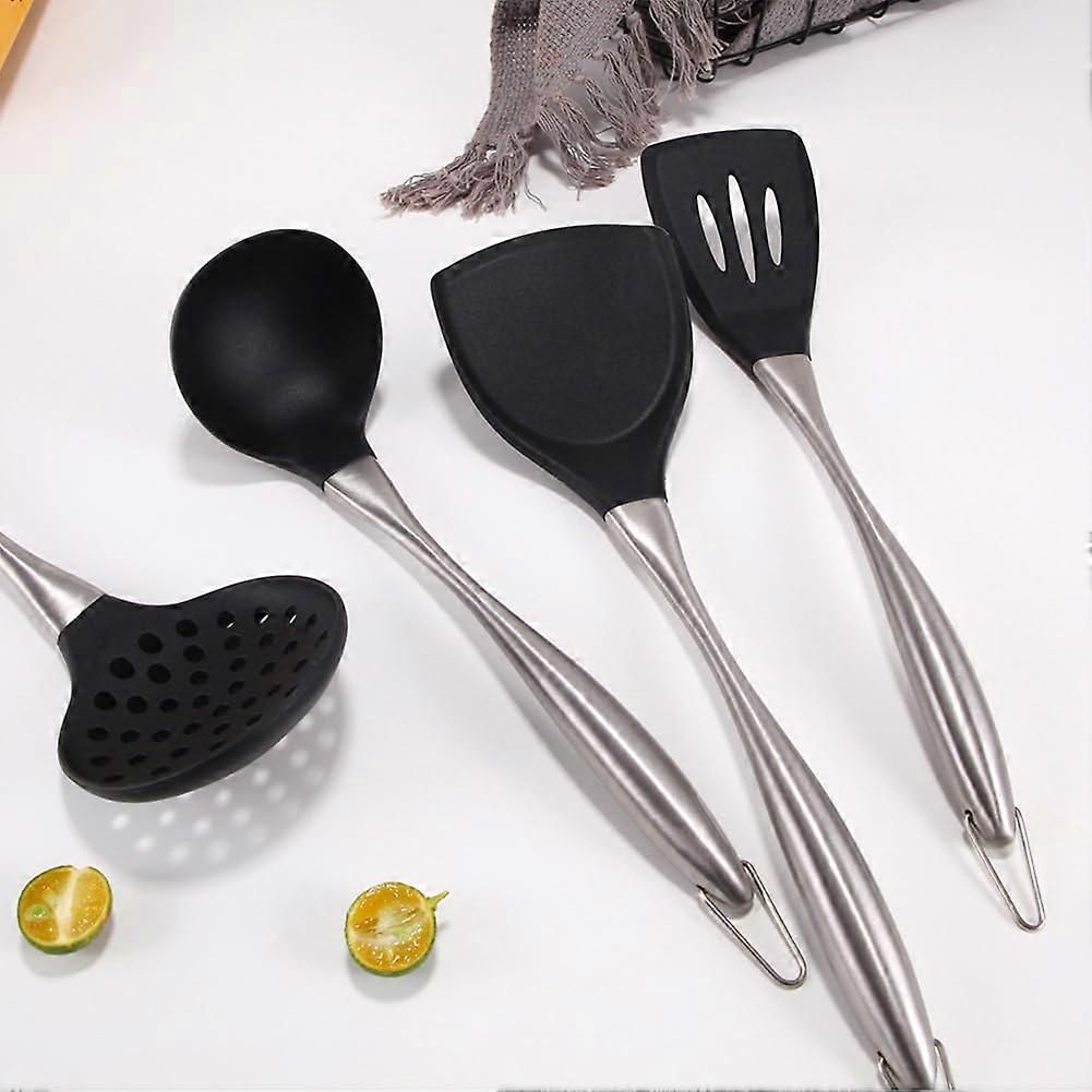 Reusable Kitchen Utensil Set - Non-Stick, Black, Stainless Steel & Silicone