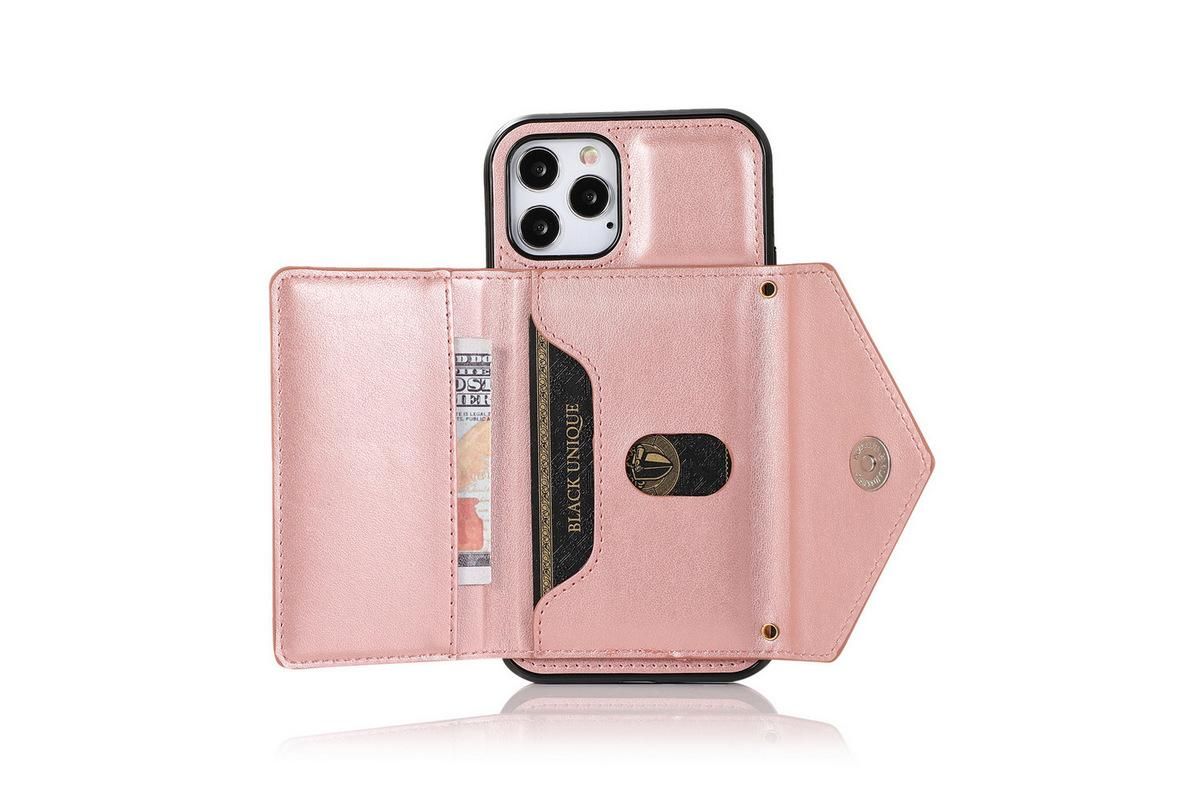 PU Leather Crossbody Phone Case Cover Wallet Card Holder for iPhone 13 Series -Rose Gold /iPhone13 mini 5.4