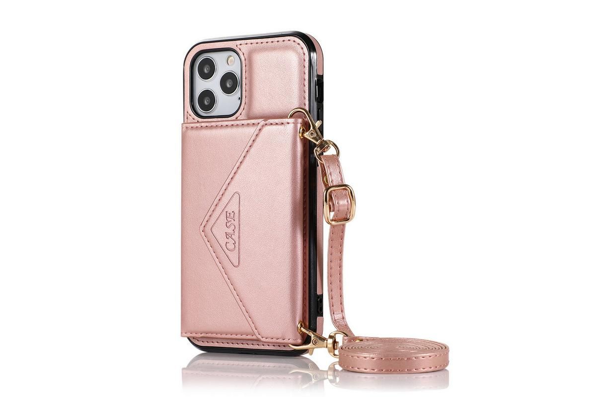 PU Leather Crossbody Phone Case Cover Wallet Card Holder for iPhone 13 Series -Rose Gold /iPhone13 mini 5.4