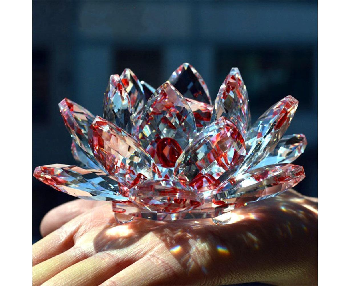 Artificial Quartz Crystal Lotus Flower Figurine Wedding Party Decor Souvenir-Red