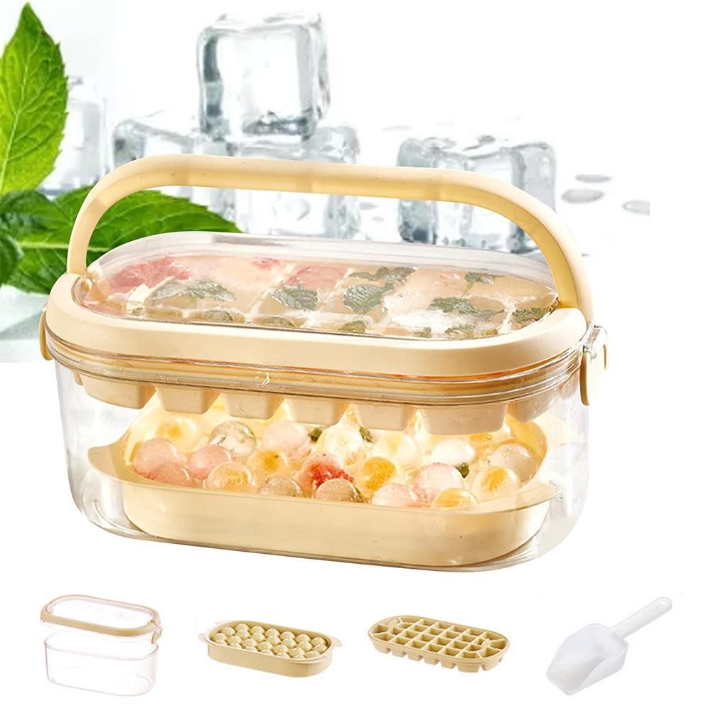 2-Tier Ice Cube Tray Mold with Press-Release Lid & Storage Box for Kitchen Beige