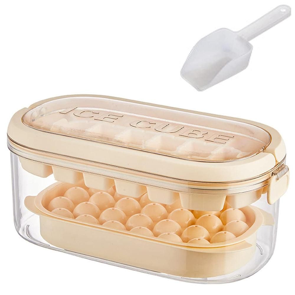 2-Tier Ice Cube Tray Mold with Press-Release Lid & Storage Box for Kitchen Beige
