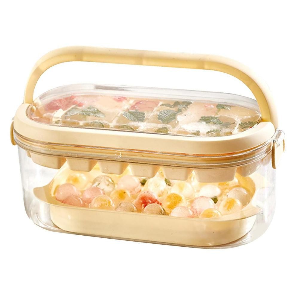 2-Tier Ice Cube Tray Mold with Press-Release Lid & Storage Box for Kitchen Beige