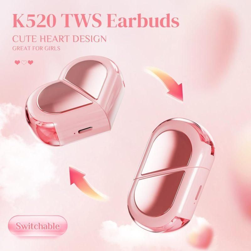 K520 deformable cute heart-shaped bluetooth headset tws compact stereo - pink