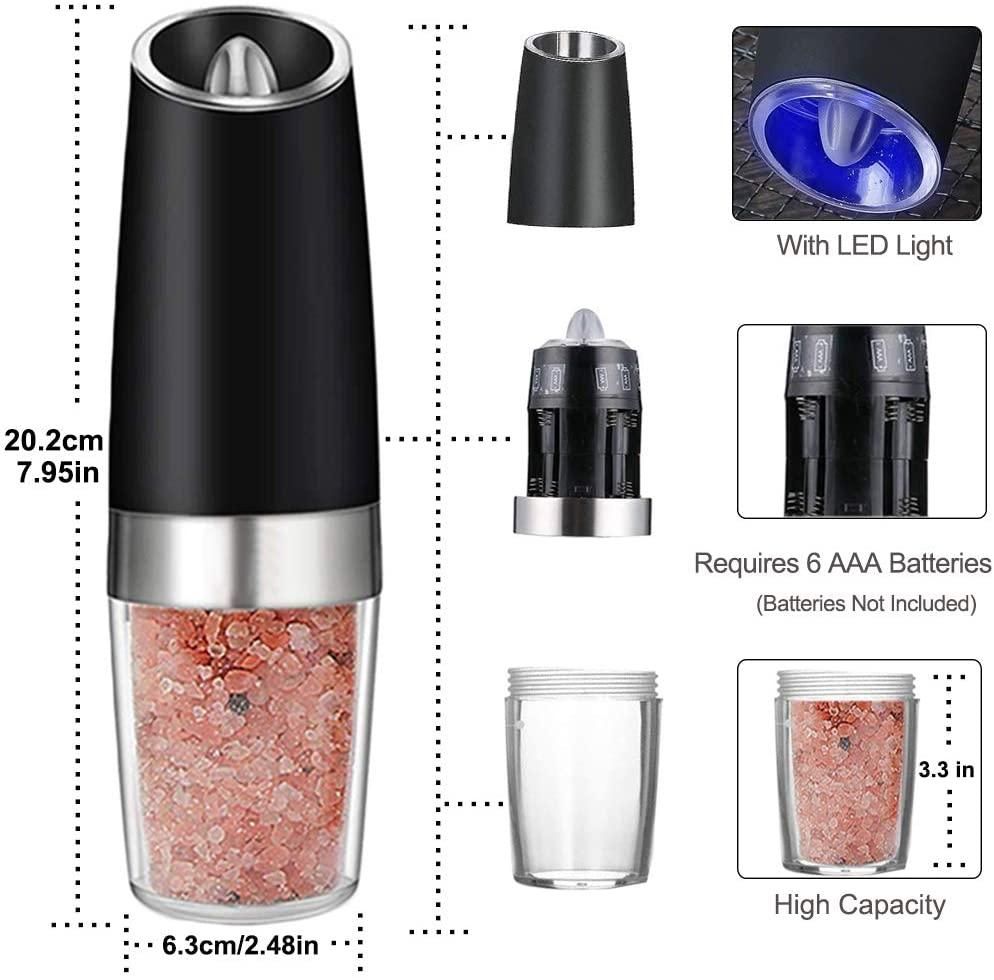 2PACK Gravity Electric Pepper and Salt Grinder Set Stainless Steel Black