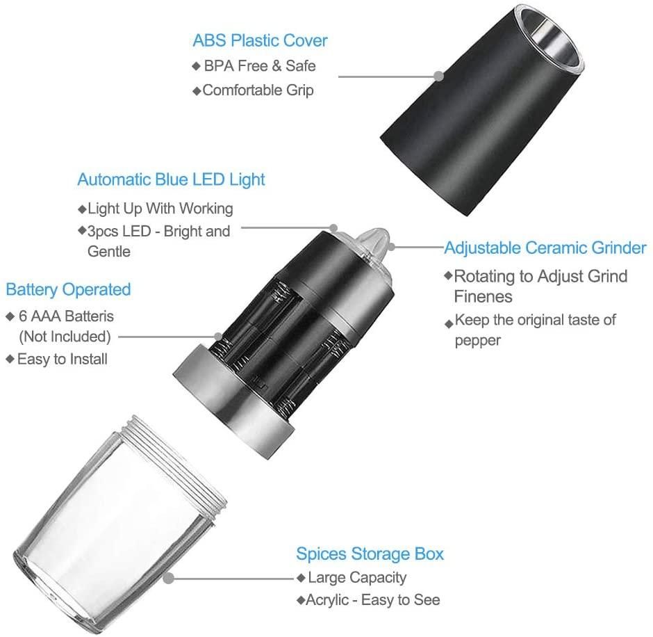 2PACK Gravity Electric Pepper and Salt Grinder Set Stainless Steel Black
