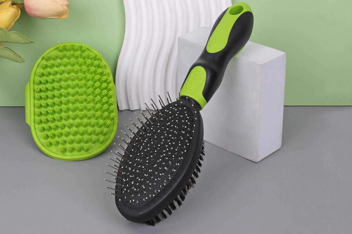2 Pack Pet Grooming Brush Set Deshedding Double Sided Comb Massage Brush-Green