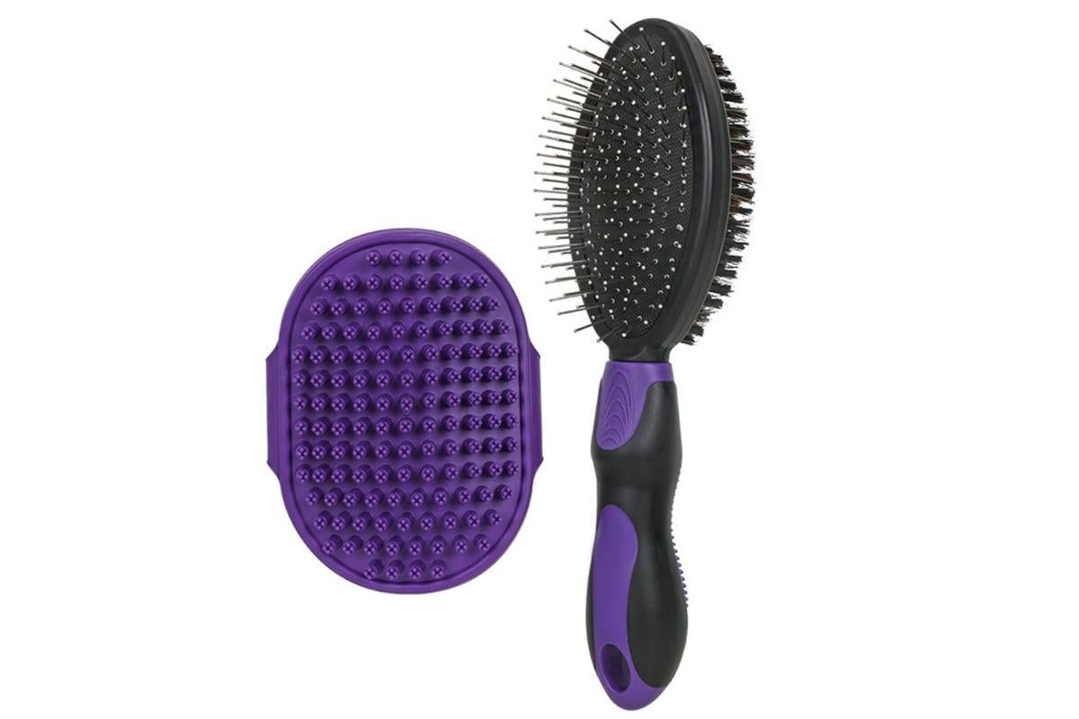2 Pack Pet Grooming Brush Set Deshedding Double Sided Comb Massage Brush-Purple