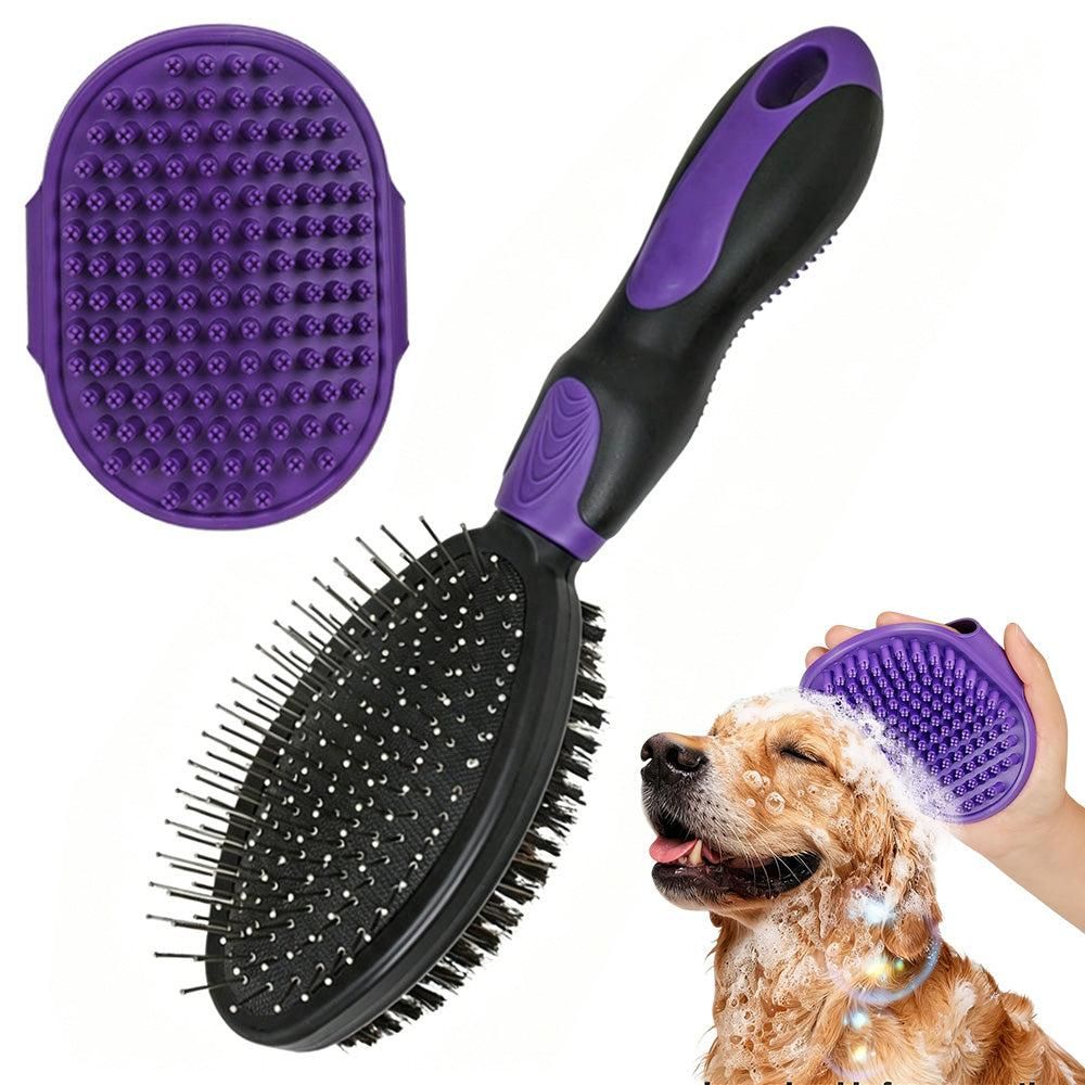 2 Pack Pet Grooming Brush Set Deshedding Double Sided Comb Massage Brush-Purple