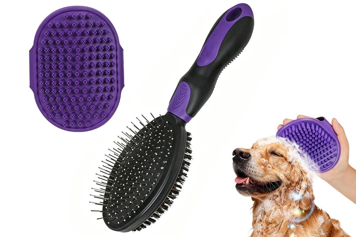 2 Pack Pet Grooming Brush Set Deshedding Double Sided Comb Massage Brush-Black