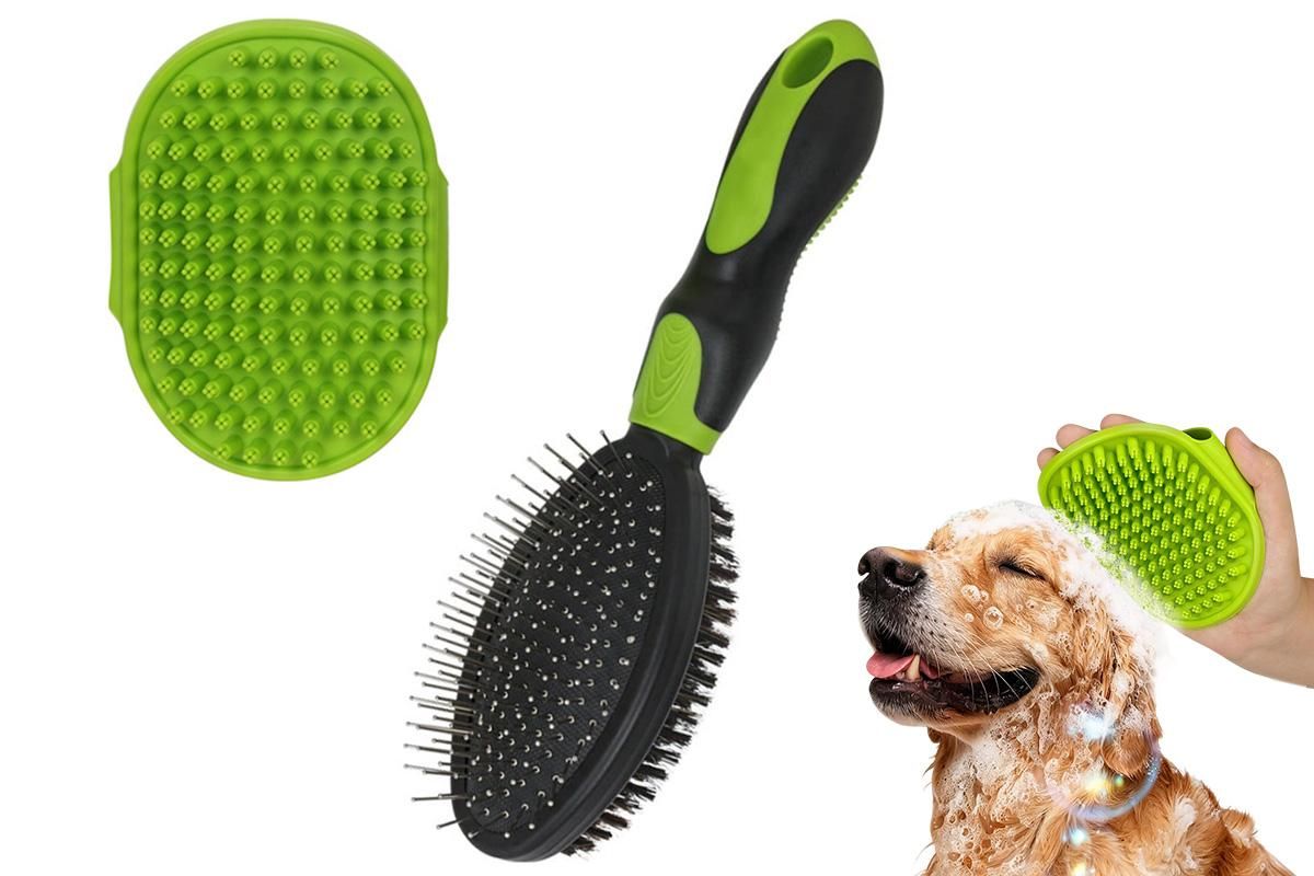 2 Pack Pet Grooming Brush Set Deshedding Double Sided Comb Massage Brush-Black