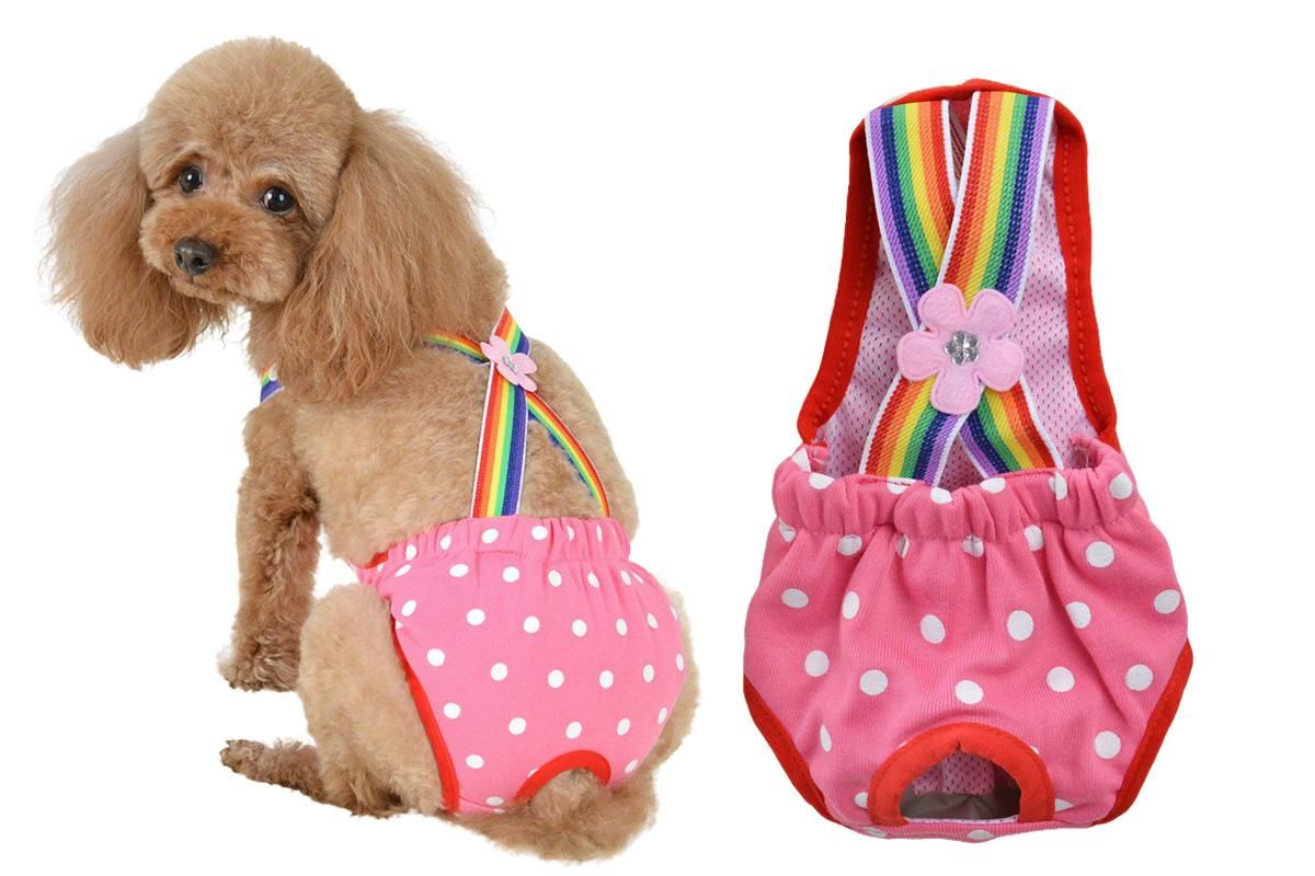 Cute Harness Female Dog Sanitary Pants Reusable Menstrual Diaper-Pink L