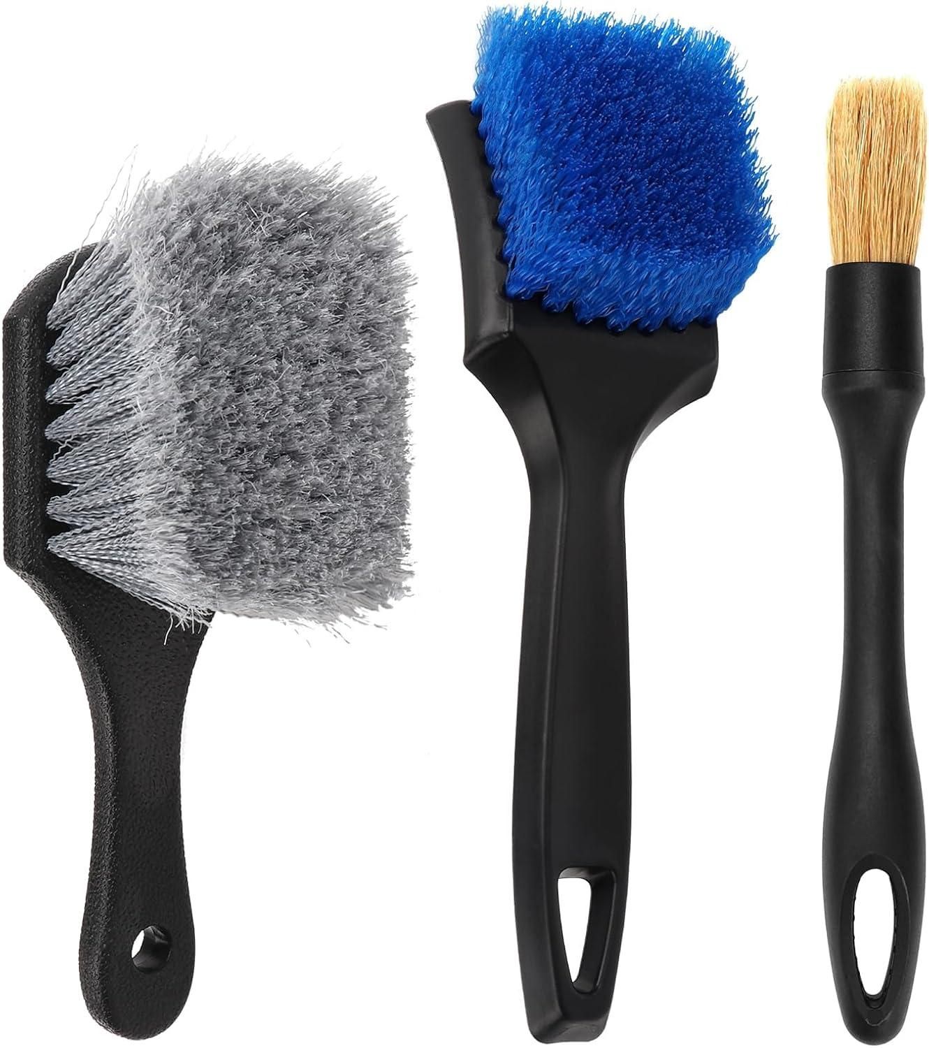 Car Cleaning Brush Set 3pc Soft Stiff Detail Brushes for Tyres Carpet Wheels