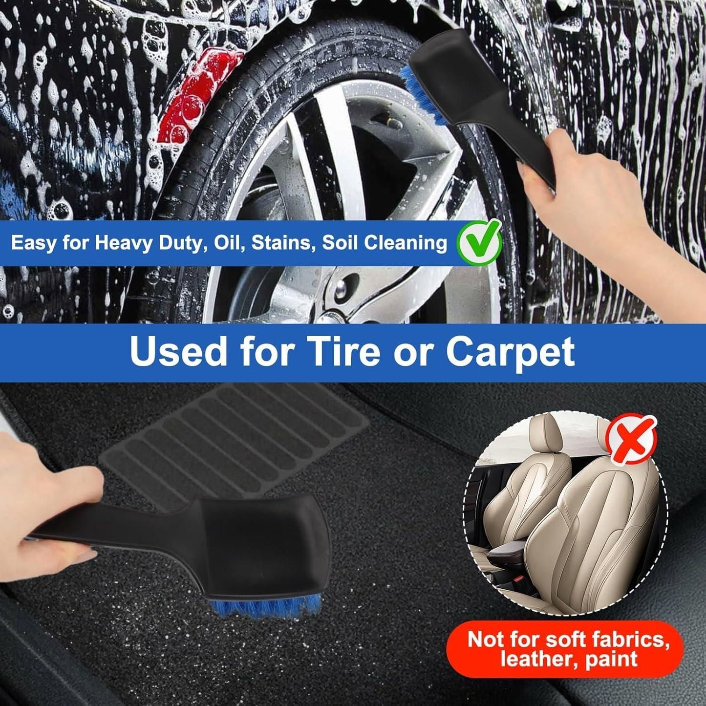 Car Cleaning Brush Set 3pc Soft Stiff Detail Brushes for Tyres Carpet Wheels