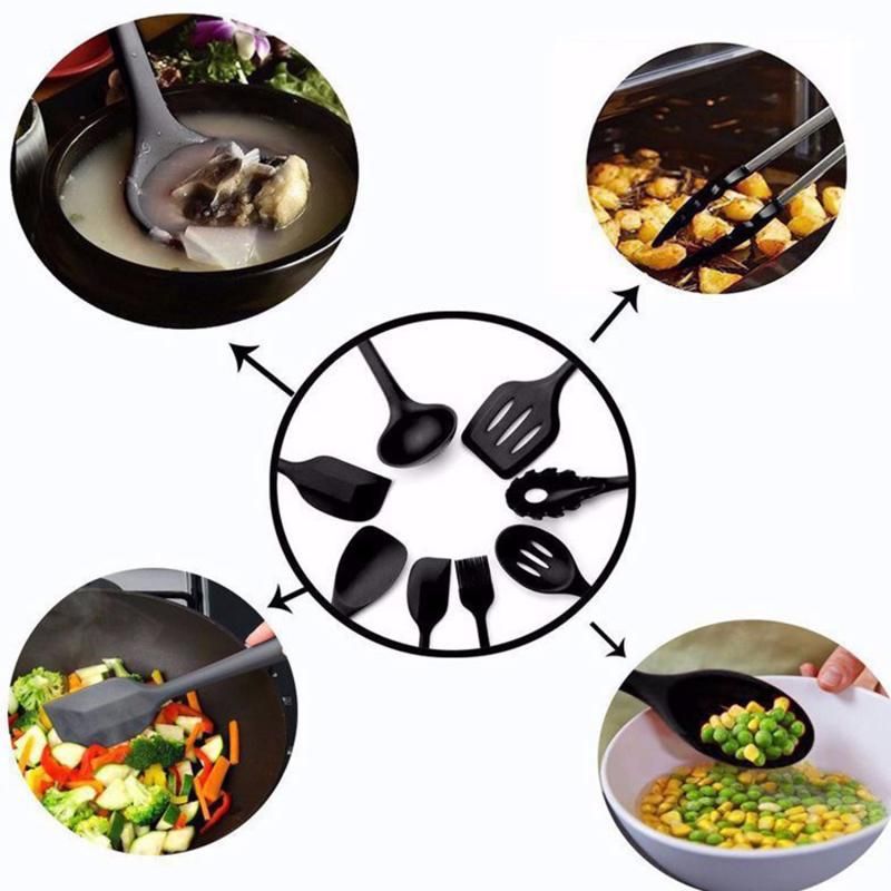 10pcs Silicone Kitchen Utensils Non-stick Cookware Spatula Spoon Cookware Set - Black