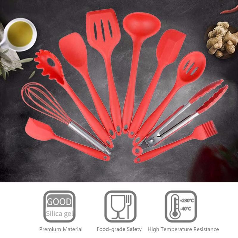 10pcs Silicone Kitchen Utensils Non-stick Cookware Spatula Spoon Cookware Set - Black