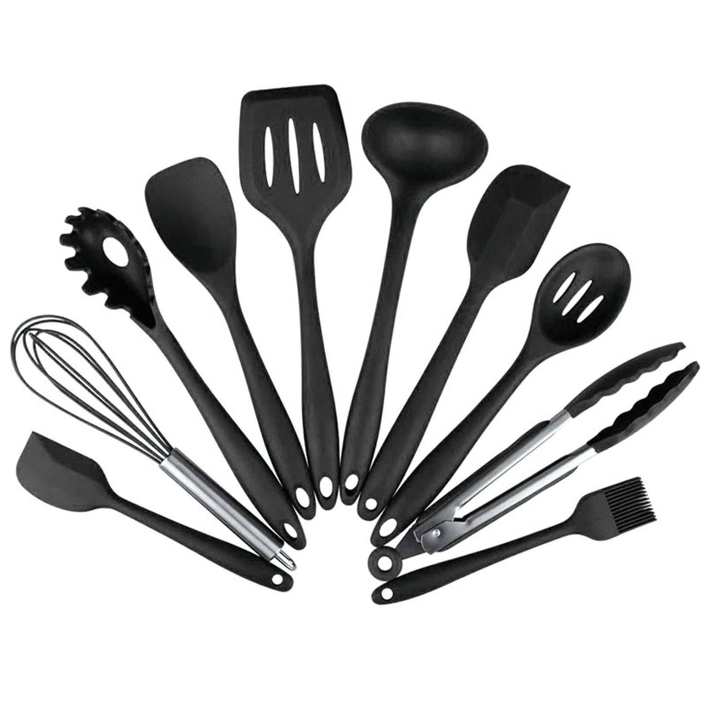 10pcs Silicone Kitchen Utensils Non-stick Cookware Spatula Spoon Cookware Set - Black