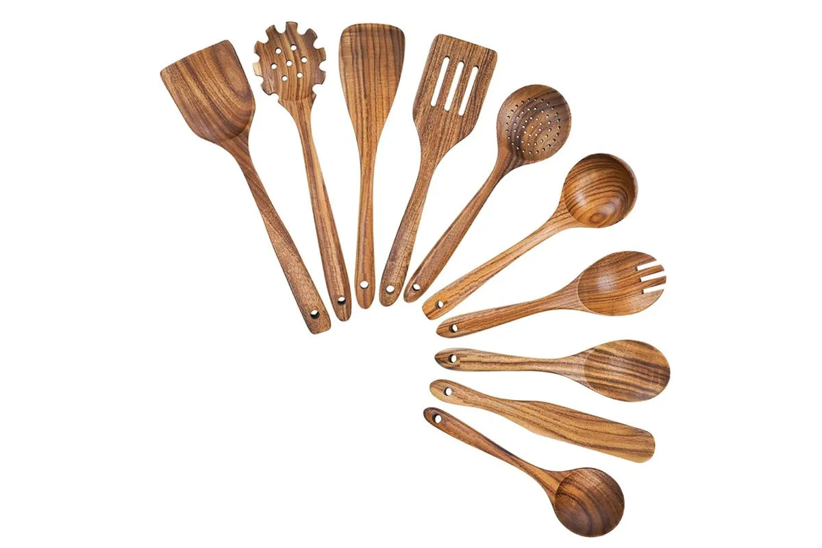 10-Piece Handcrafted Wooden Utensil Set, Heat Resistant Spoons for Non-Stick Cookware Kitchen
