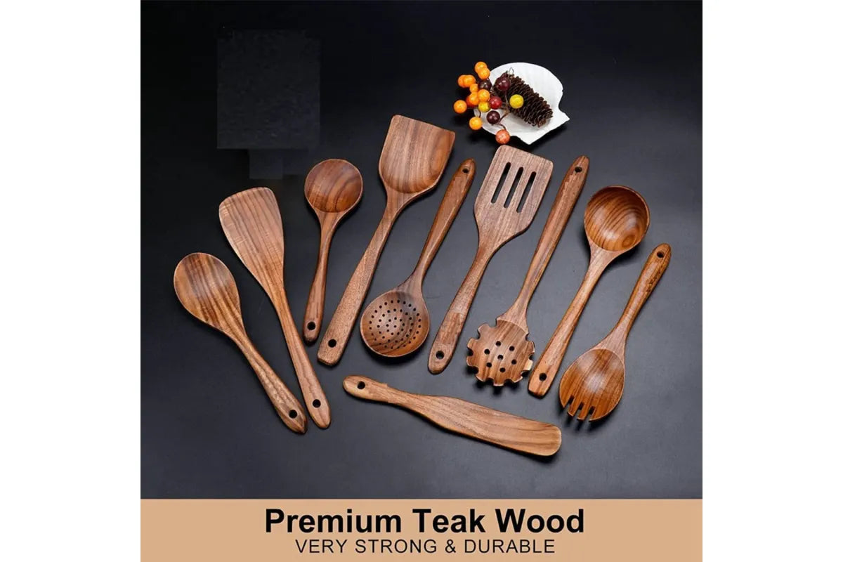 10-Piece Handcrafted Wooden Utensil Set, Heat Resistant Spoons for Non-Stick Cookware Kitchen