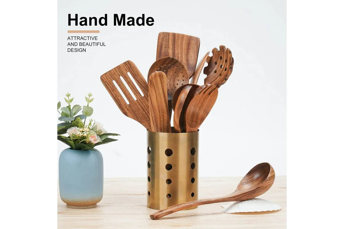 10-Piece Handcrafted Wooden Utensil Set, Heat Resistant Spoons for Non-Stick Cookware Kitchen