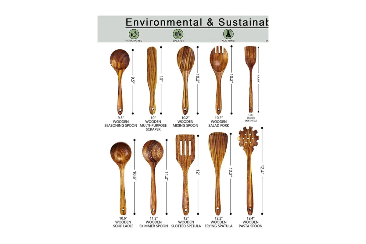 10-Piece Handcrafted Wooden Utensil Set, Heat Resistant Spoons for Non-Stick Cookware Kitchen