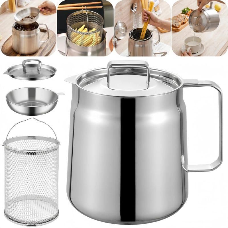 1.5L Stainless Steel Oil Filter Pot, Bacon Grease Container with Strainer for Kitchen
