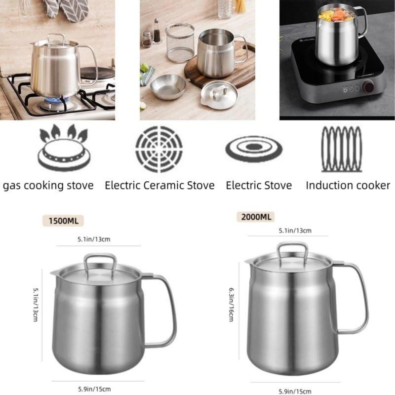 1.5L Stainless Steel Oil Filter Pot, Bacon Grease Container with Strainer for Kitchen