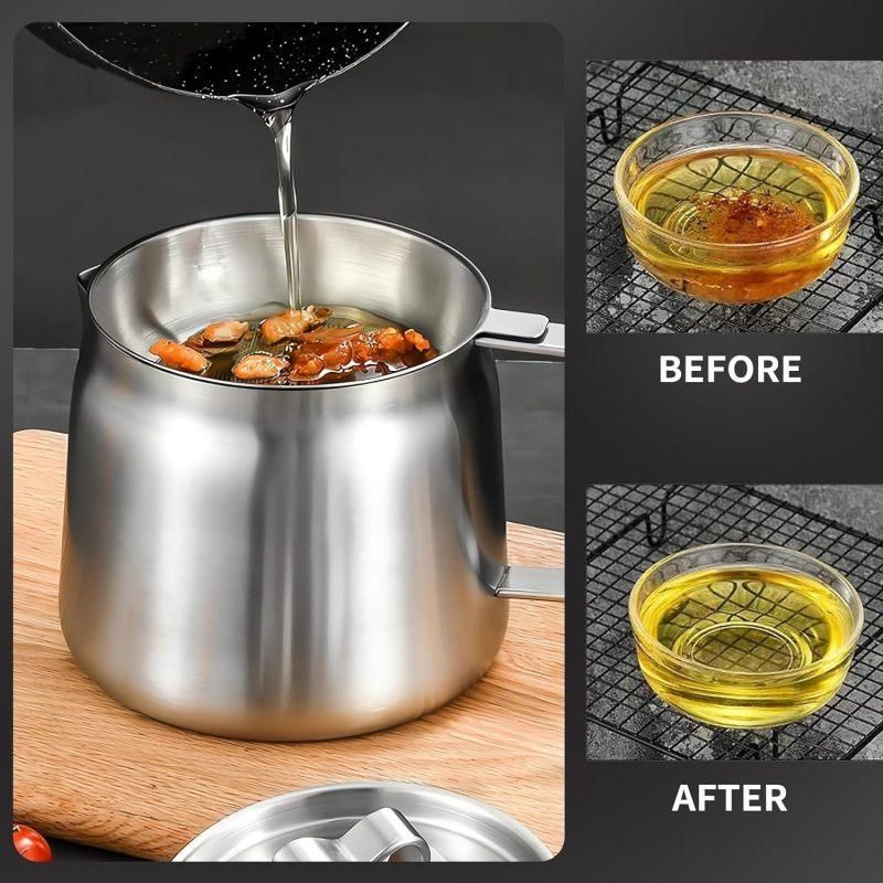 1.5L Stainless Steel Oil Filter Pot, Bacon Grease Container with Strainer for Kitchen