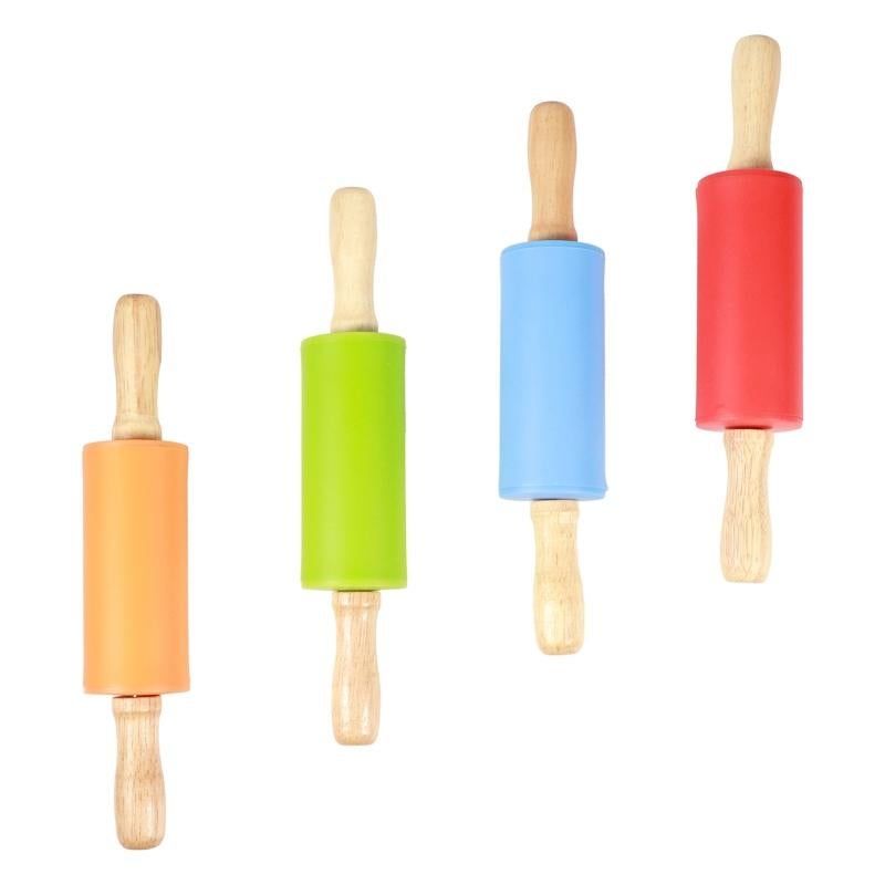4PCS Mini Silicone Rolling Pin with Wooden Handle Non-Stick Dough Roller for Pizza Pastry