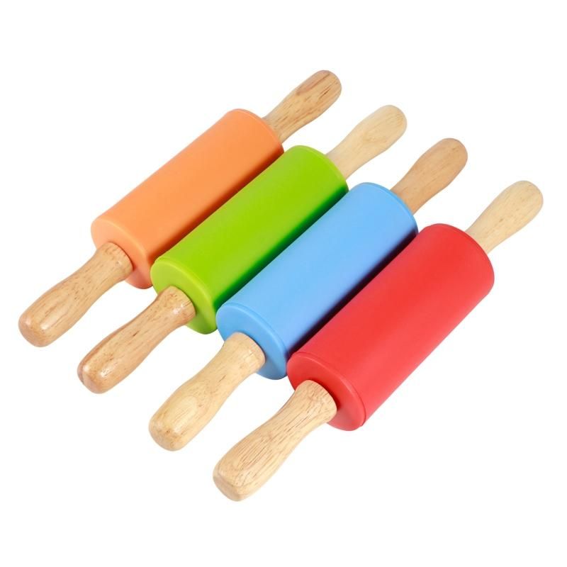 4PCS Mini Silicone Rolling Pin with Wooden Handle Non-Stick Dough Roller for Pizza Pastry